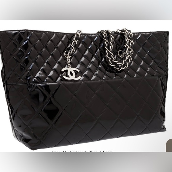 Chanel XL Black Quilted Patent Leather Tote w/ silver Hardware - Picture 3 of 16